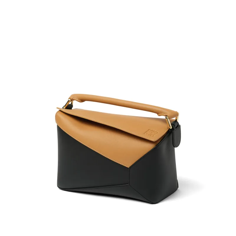 Puzzle Edge Small Bicolour Bag in Warm Desert/Black sold by MARAIS