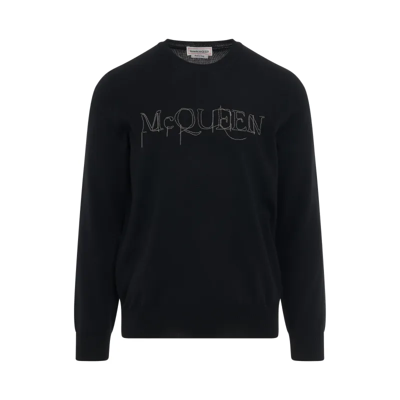 Chain Embroidered Knit Sweater in Black/Silver made by Alexander McQueen
