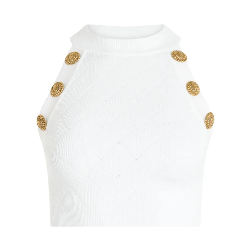 Short-sleeve 6 Button Knit Cropped Top in White sold by MARAIS