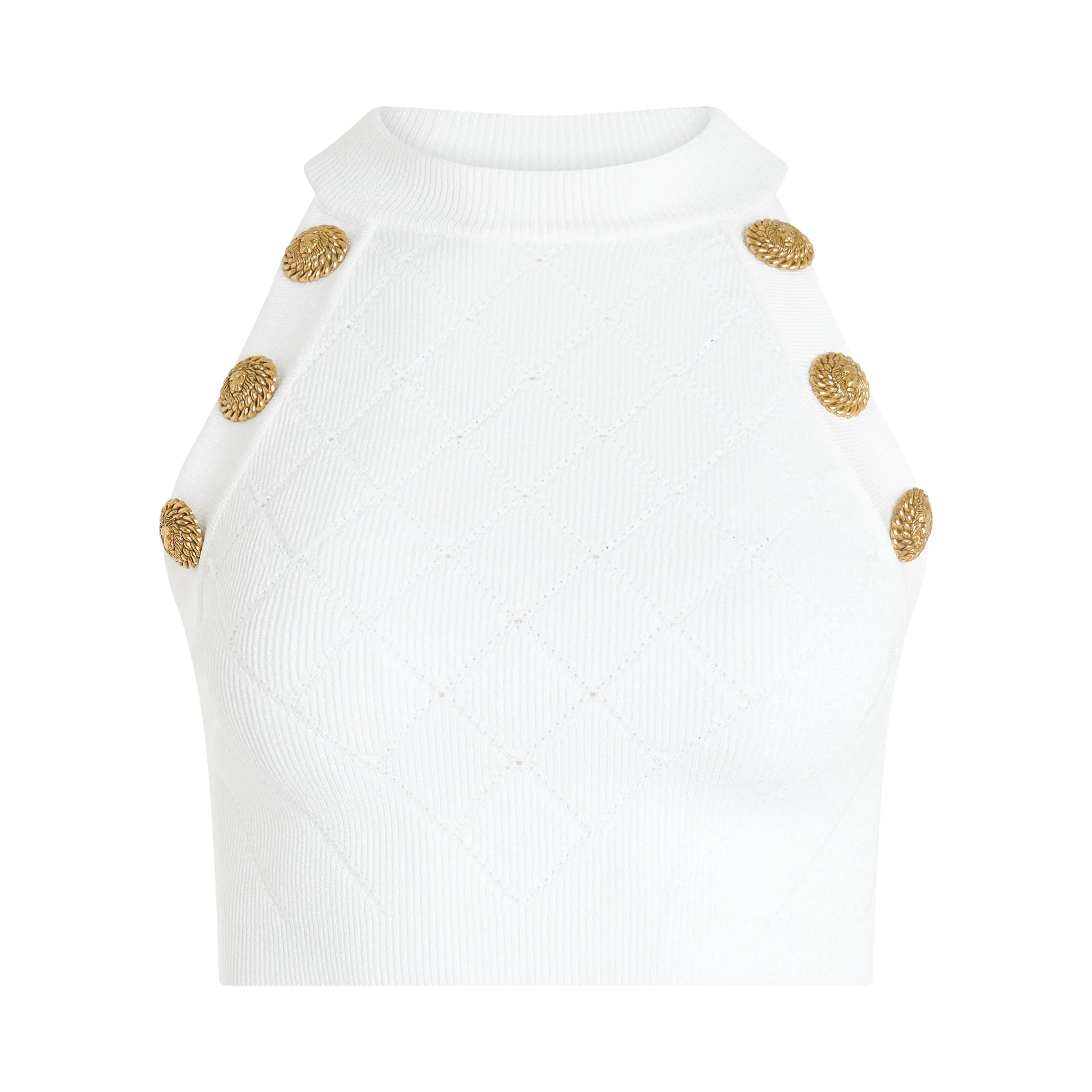 Short-sleeve 6 Button Knit Cropped Top in White sold by MARAIS