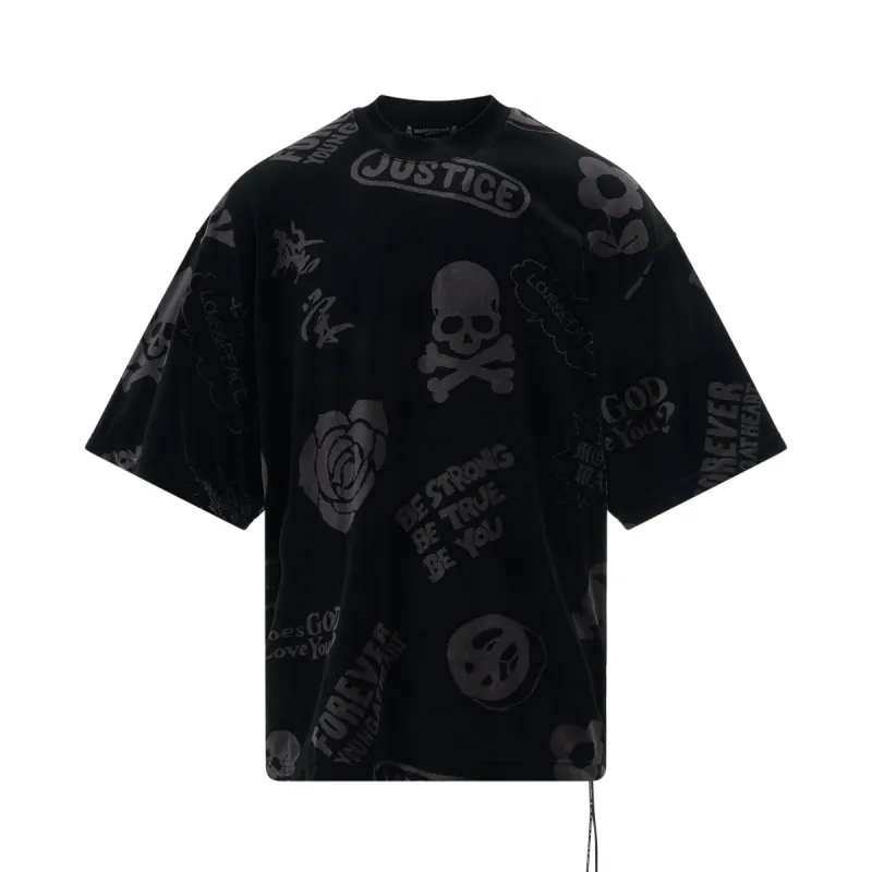 All Over Logo Velour Boxy Fit T-Shirt in Black Charcoal sold by MARAIS