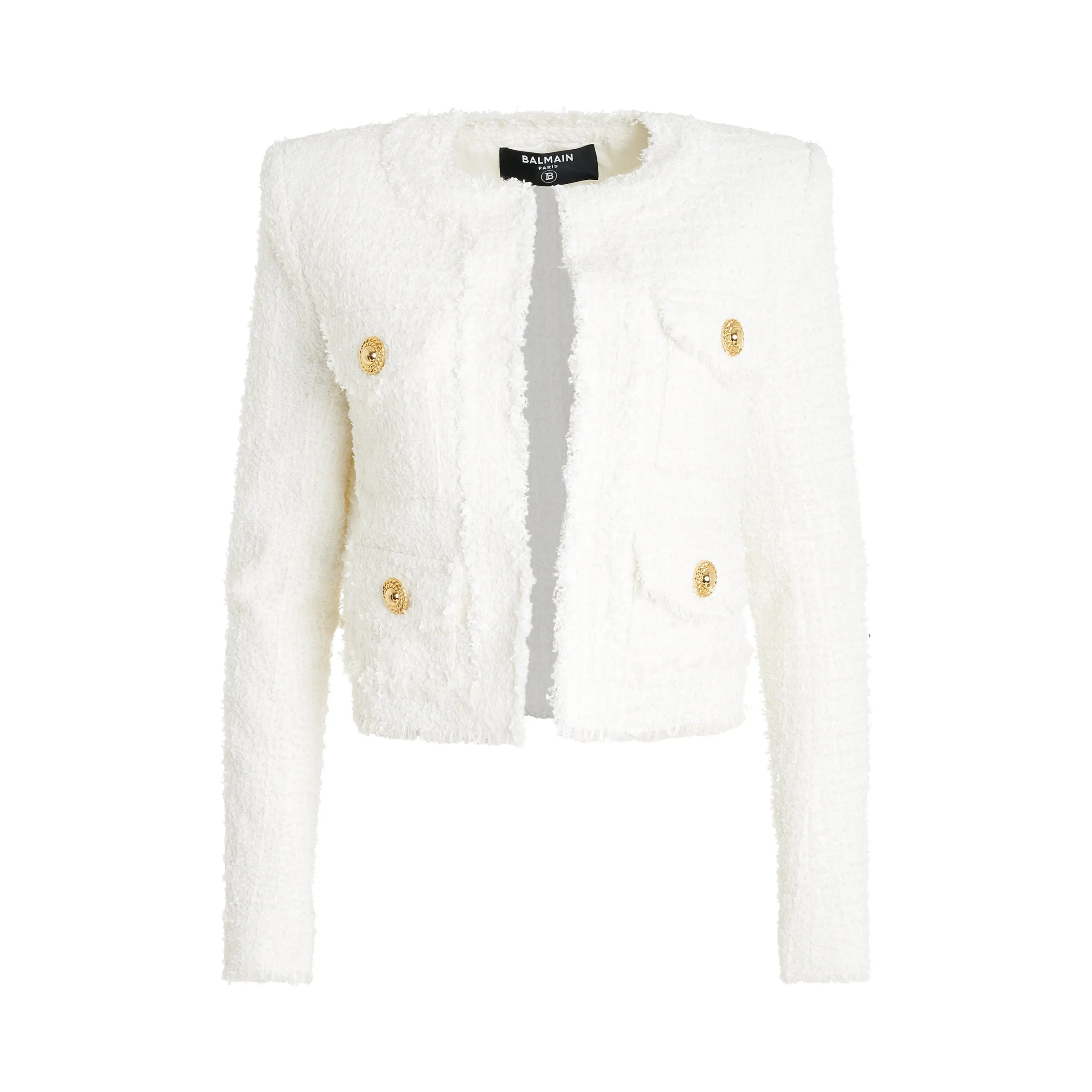 Collarless 4 Pocket Tweed Jacket in White sold by MARAIS