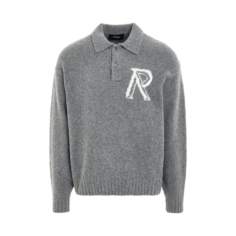 Initial R Boucle Polo Sweater in Grey sold by MARAIS
