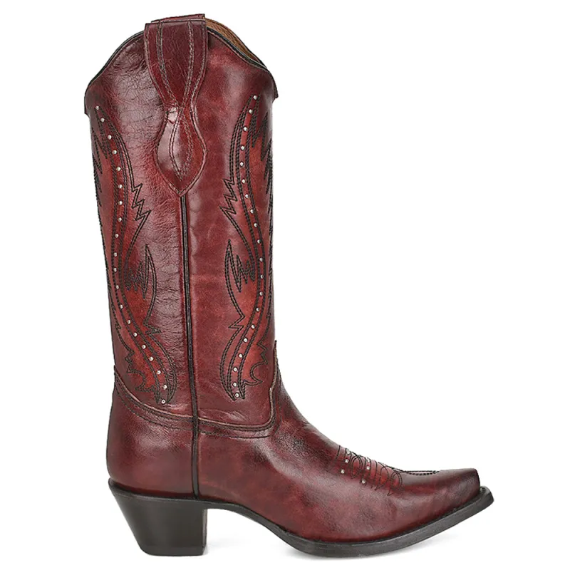 Wine Embroidered Studded Snip Toe Pull On Cowboy Boots made by Shoebacca