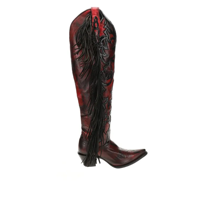 Overlay Embroidered Fringe Tall Zippered Pointed Toe Cowboy Boots sold by Shoebacca