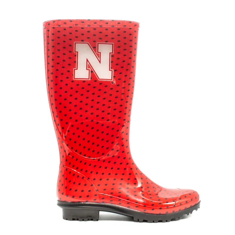 University of Nebraska Polka Dot Pull On Rain Boots made by Shoebacca