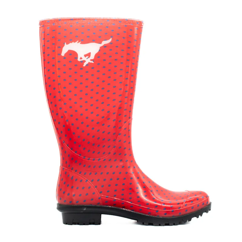 Southern Methodist University Polka Dot Pull On Rain Boots made by Shoebacca