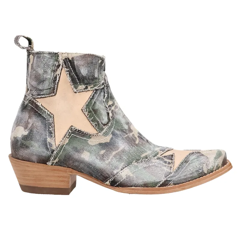 Stardust Camo Denim Overlay Zippered Snip Toe Cowboy Booties sold by Shoebacca