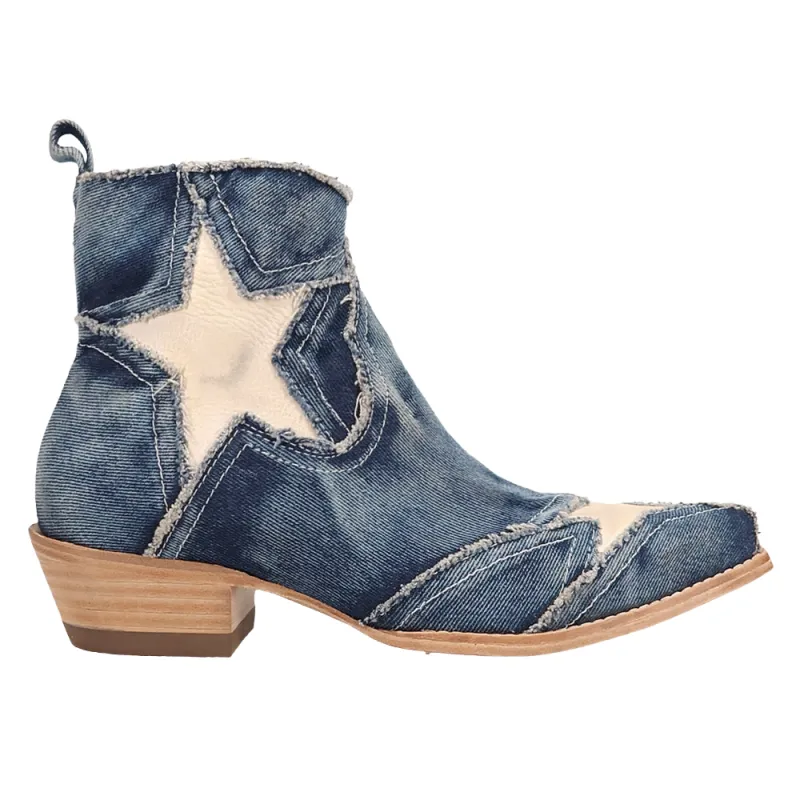 Stardust Denim Overlay Zippered Snip Toe Cowboy Booties sold by Shoebacca