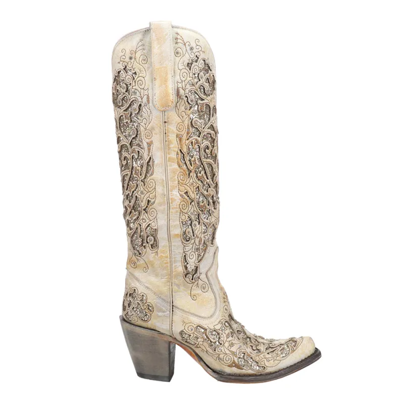 Distressed Glitter Tooled Inlay Snip Toe Cowboy Boots sold by Shoebacca