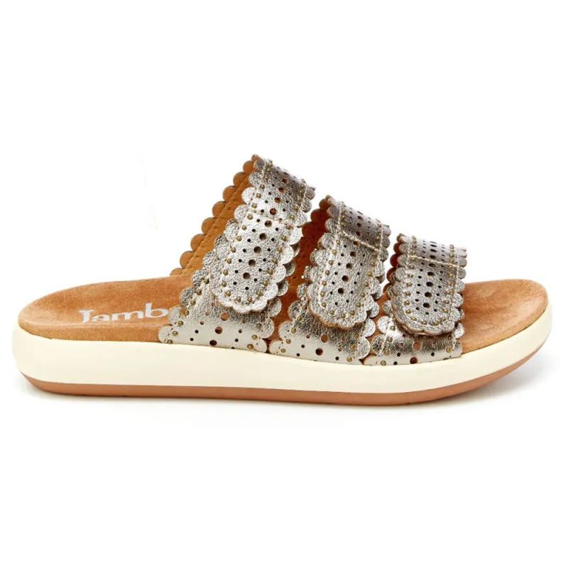 Odysseus Metallic Perforated Slide Sandals sold by Shoebacca