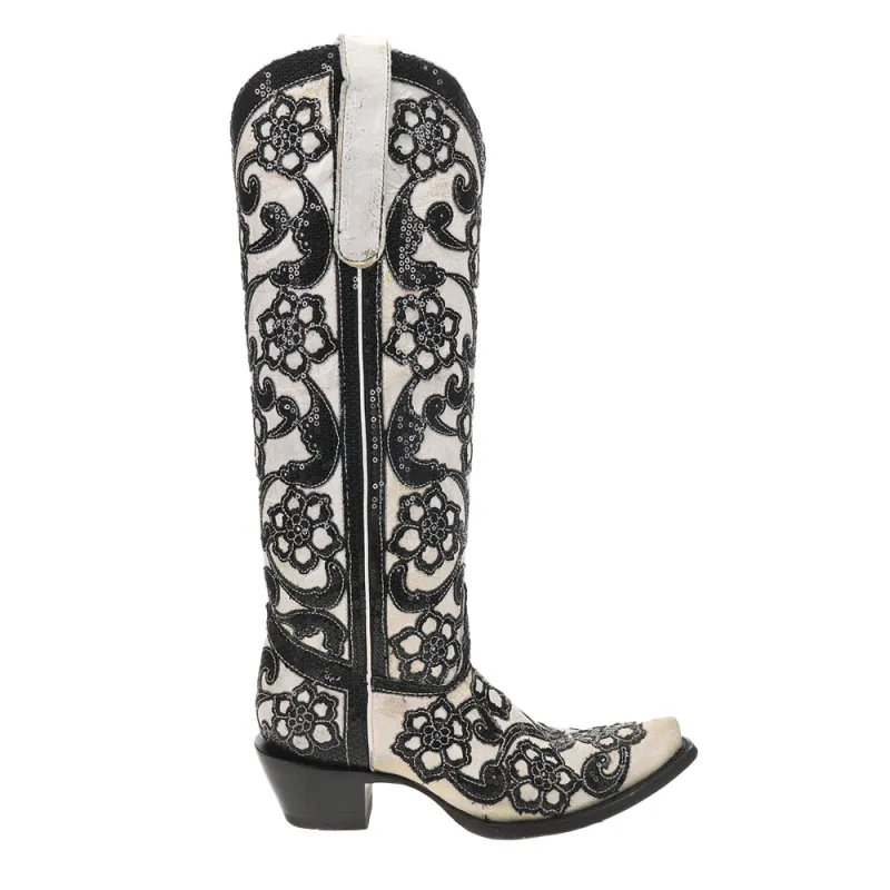 Floral Sequin Overlay Embroidered Tall Snip Toe Cowboy Boots sold by Shoebacca