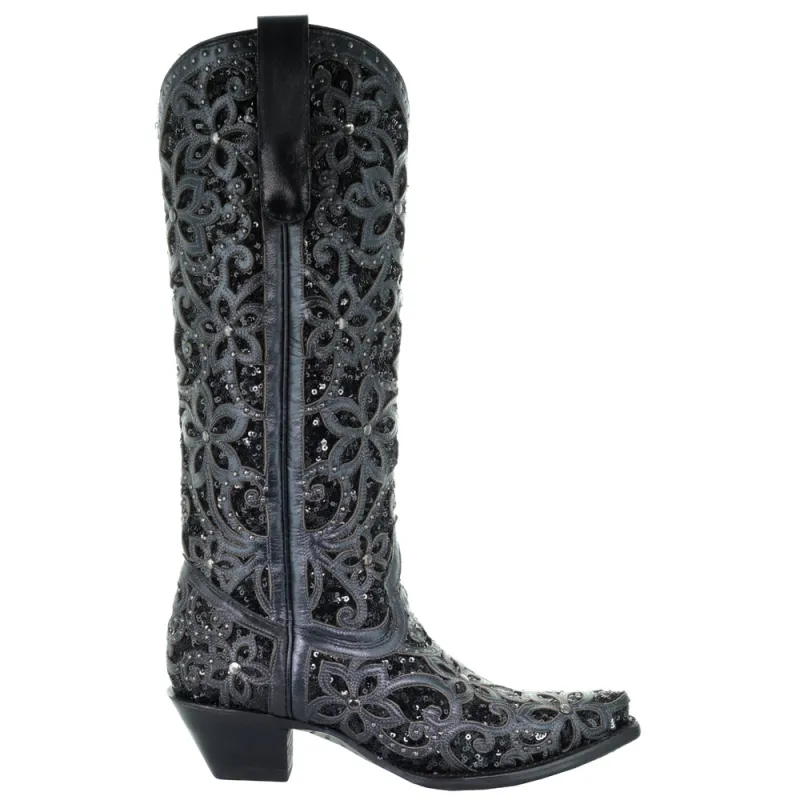 Floral Studded Rhinestones Sequins Tooled Inlay Snip Toe Cowboy Boots sold by Shoebacca