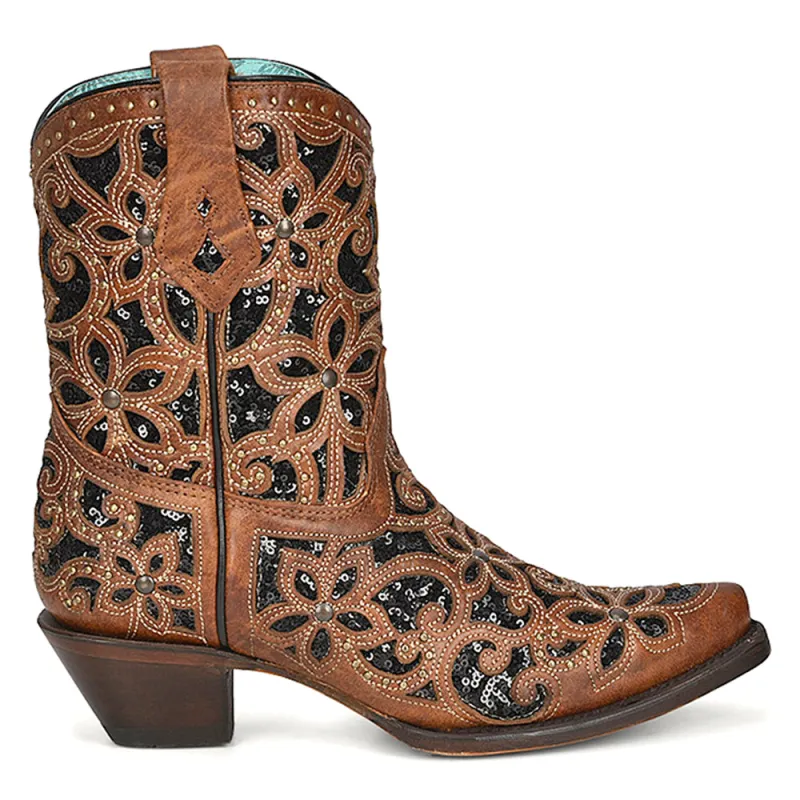 Tan Glitter Inlay Studded Snip Toe Cowboy Booties sold by Shoebacca