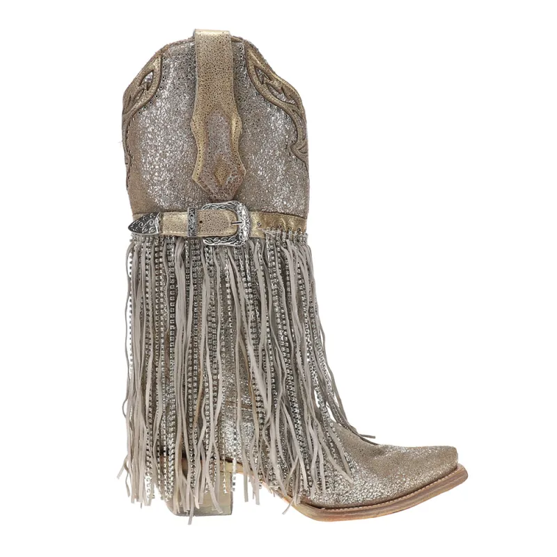 Silver-Gold Finish With Crystal Fringe Harness And Studs Snip Toe Cowboy Boots sold by Shoebacca