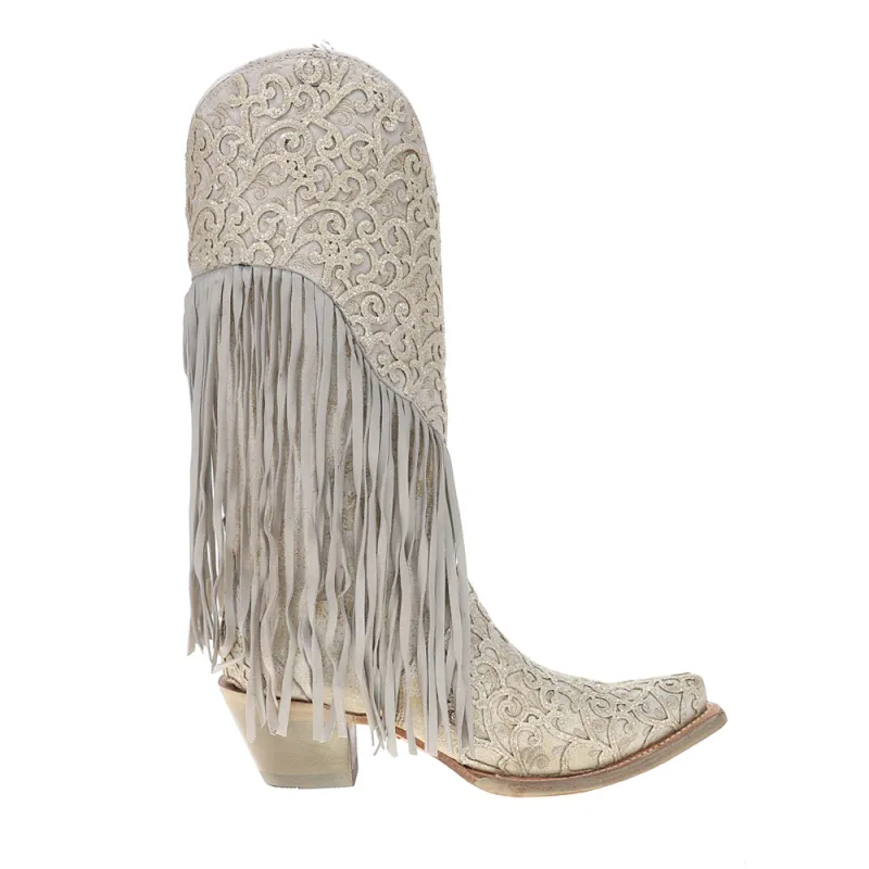 Overlay Embroidery Lamb Fringe White Snip Toe Cowboy Boots sold by Shoebacca