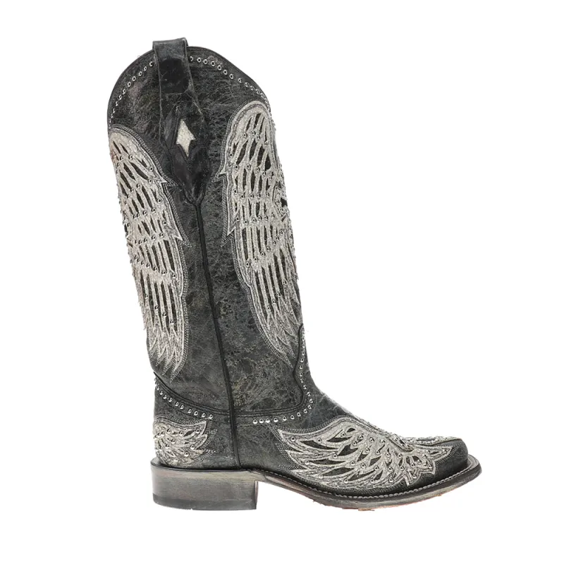White Cross And Wings Overlay And Studs Worn Finish Black Square Toe Cowboy Boots sold by Shoebacca