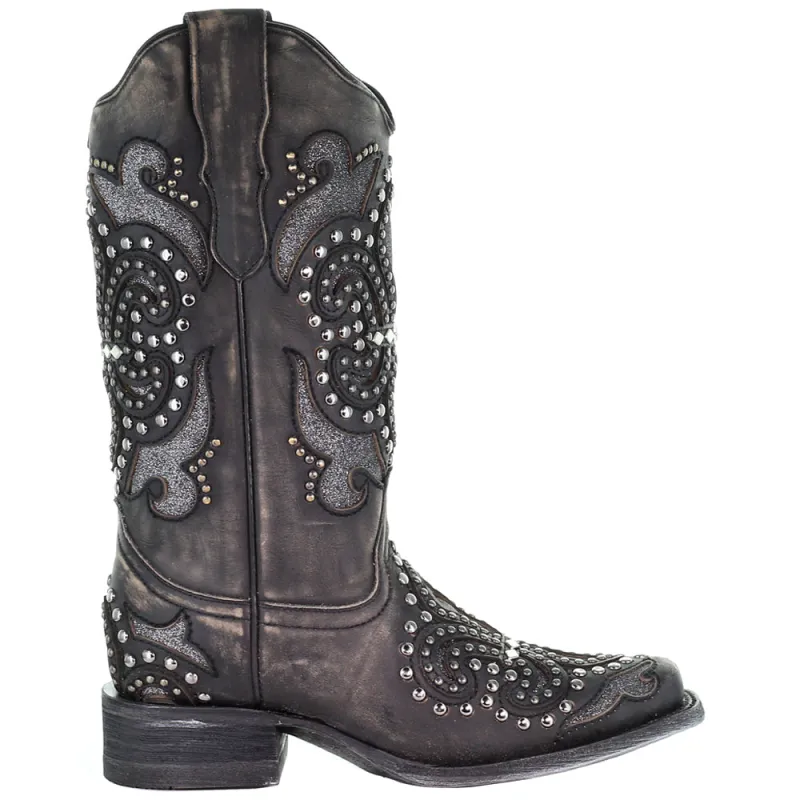 Glitter Studded Tooled Inlay Snip Toe Cowboy Boots sold by Shoebacca