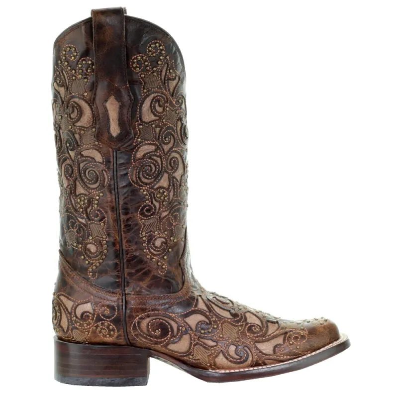 Embroidered Tooled Inlay Square Toe Pull On Cowboy Boots made by Shoebacca