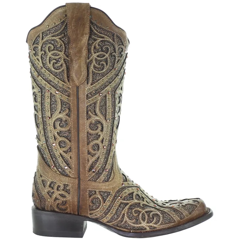 Glitter Tooled Inlay Square Toe Cowboy Boots made by Shoebacca