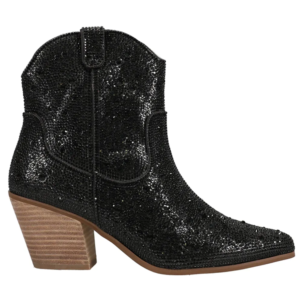 Harlow Rhinestone Pointed Toe Cowboy Booties sold by Shoebacca
