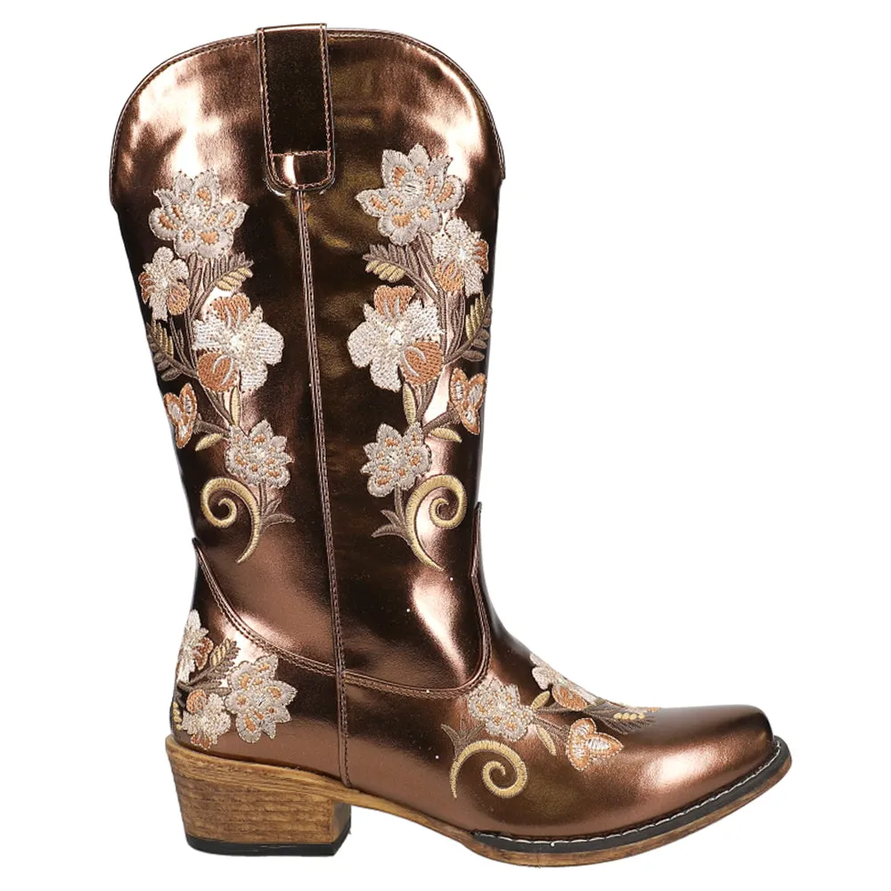 Riley Metallic Floral Embroidered Snip Toe Cowboy Boots sold by Shoebacca