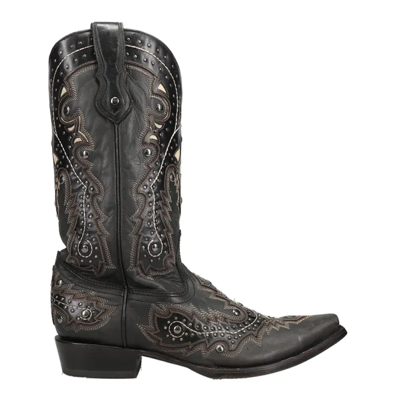 Black Overlay Embroidered Studded Snip Toe Cowboy Boots made by Shoebacca