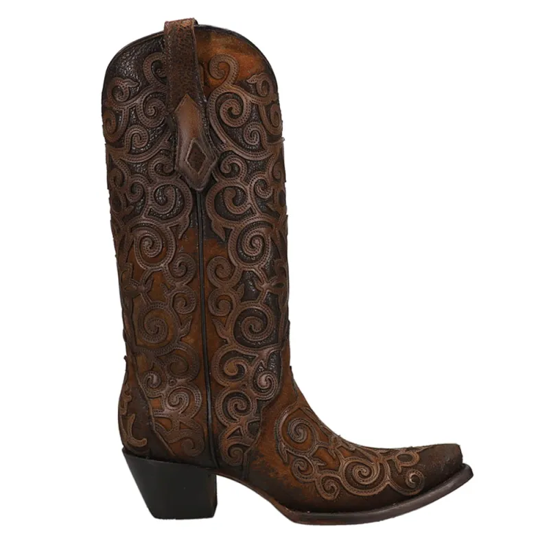 Chocolate Lamb Tooled Inlay Snip Toe Cowboy Boots made by Shoebacca