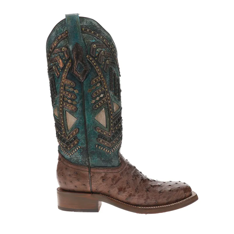 Turquoise Embroidery Studded With Woven Detail Brown Ostrich Square Toe Rodeo Boots made by Shoebacca