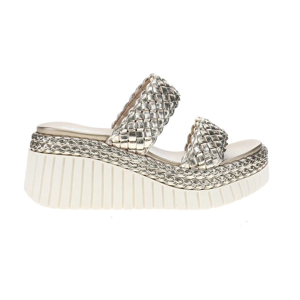 Yoshi Metallic Braided Platform Wedge Sandals sold by Shoebacca