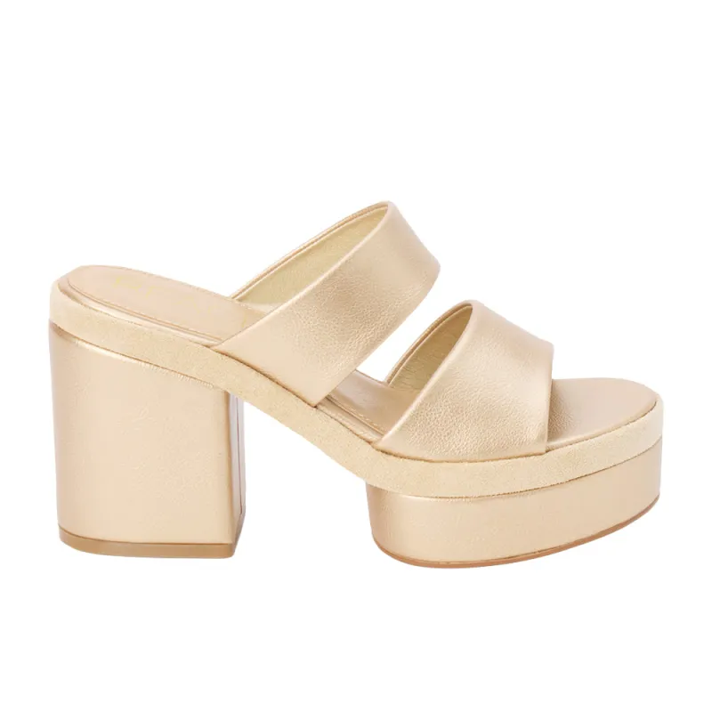Graham Metallic Block Heel Platform Sandals sold by Shoebacca