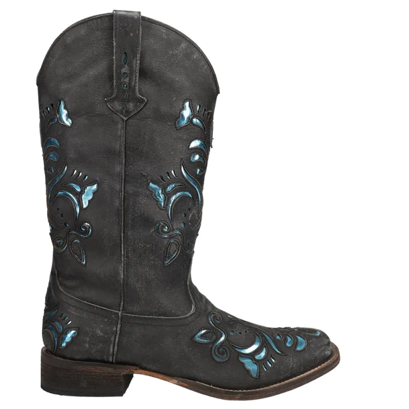 Belle Metallic Tooled Inlay Square Toe Cowboy Boots made by Roper