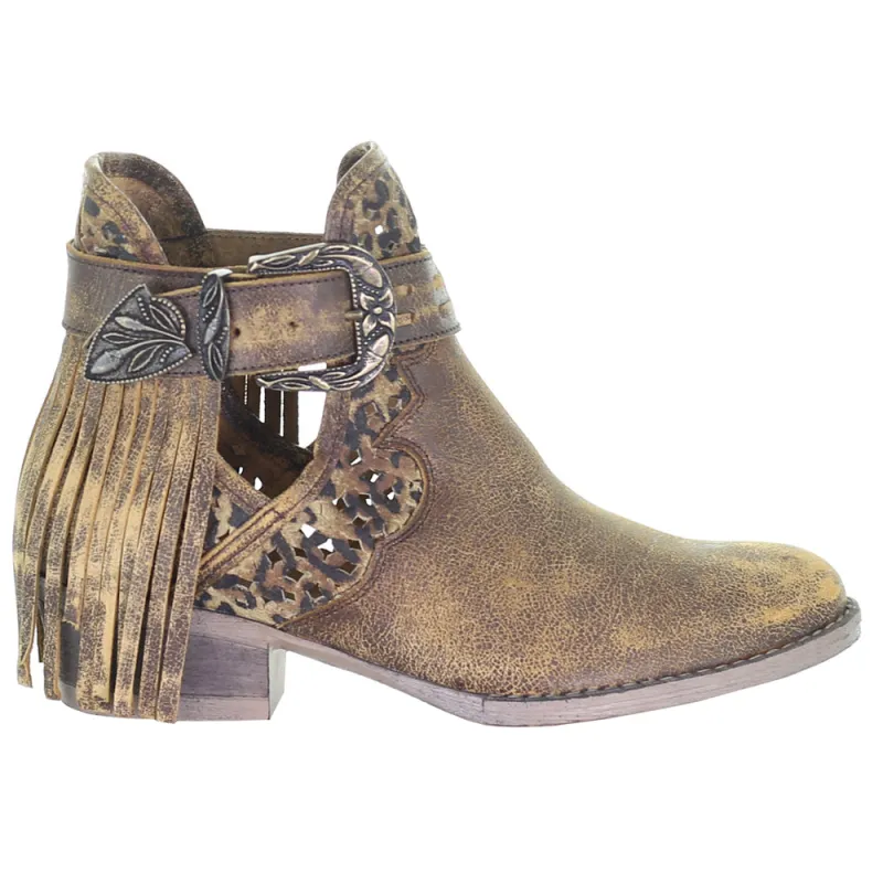 Leopard Fringe Round Toe Pull On Cowboy Booties made by Shoebacca