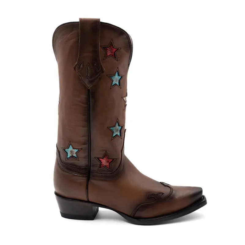 Estrella Overlay Snip Toe Pull On Cowboy Boots made by Shoebacca