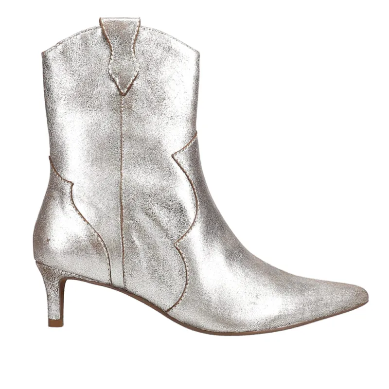 Dallas Metallic Pointed Toe Zippered Booties made by Seychelles