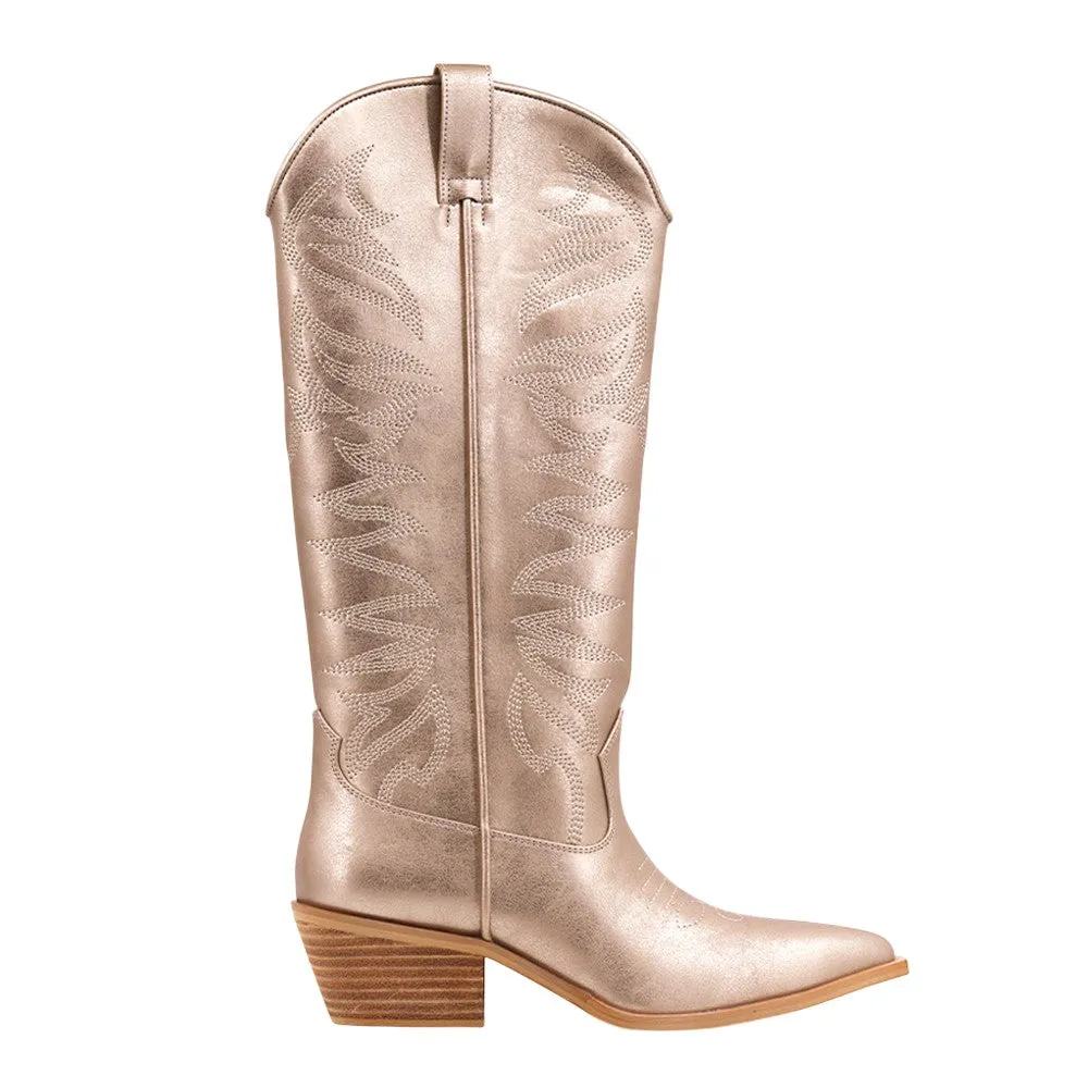 Zerena Embroidered Metallic Pointed Toe Pull On Cowboy Boots sold by Shoebacca