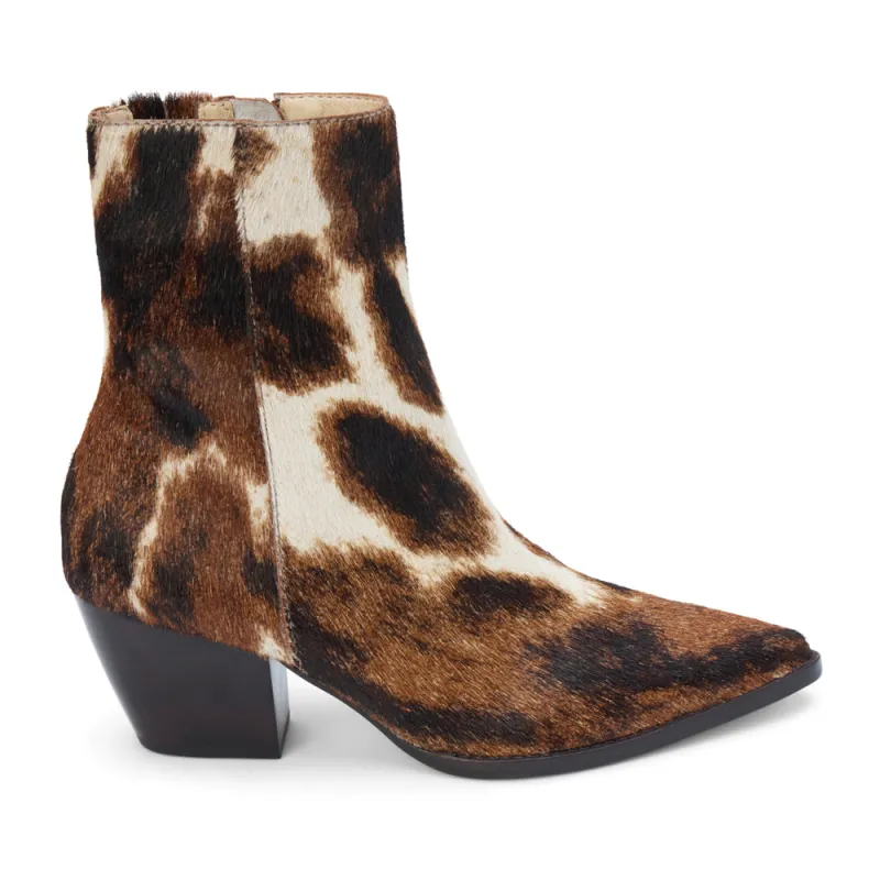 Caty Cow Print Pointed Toe Zippered Booties sold by Shoebacca