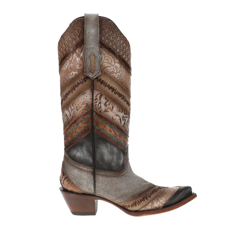 Sky Blue Application Jute Embroidered Studded Snip Toe Pull On Cowboy Boots made by Shoebacca