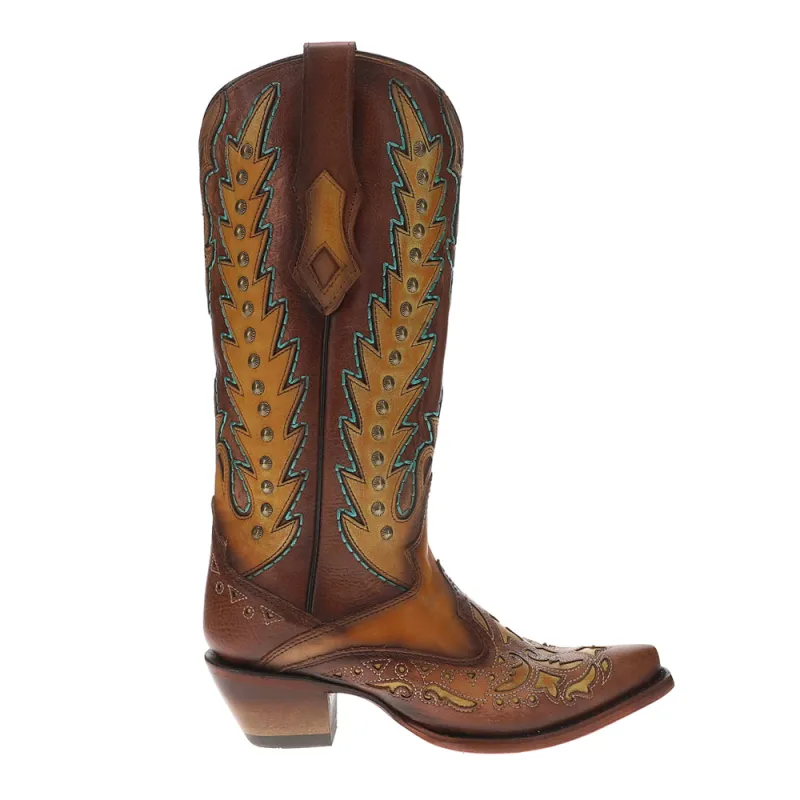 Brown Turquoise Overlay Embroidered Studded Snip Toe Pull On Cowboy Boots made by Shoebacca