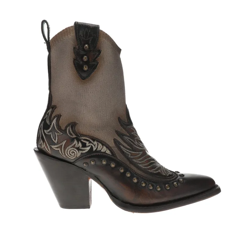 Bone Brown Overlay Embroidered Studded Snip Toe Pull On Cowboy Booties made by Shoebacca