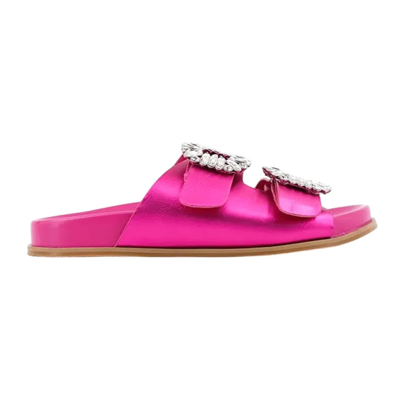 Bridget Metallic Rhinestone Slide Flat Sandals sold by Shoebacca