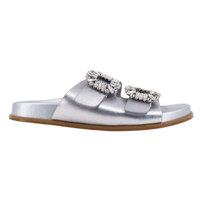 Bridget Metallic Rhinestone Slide Sandals sold by Shoebacca