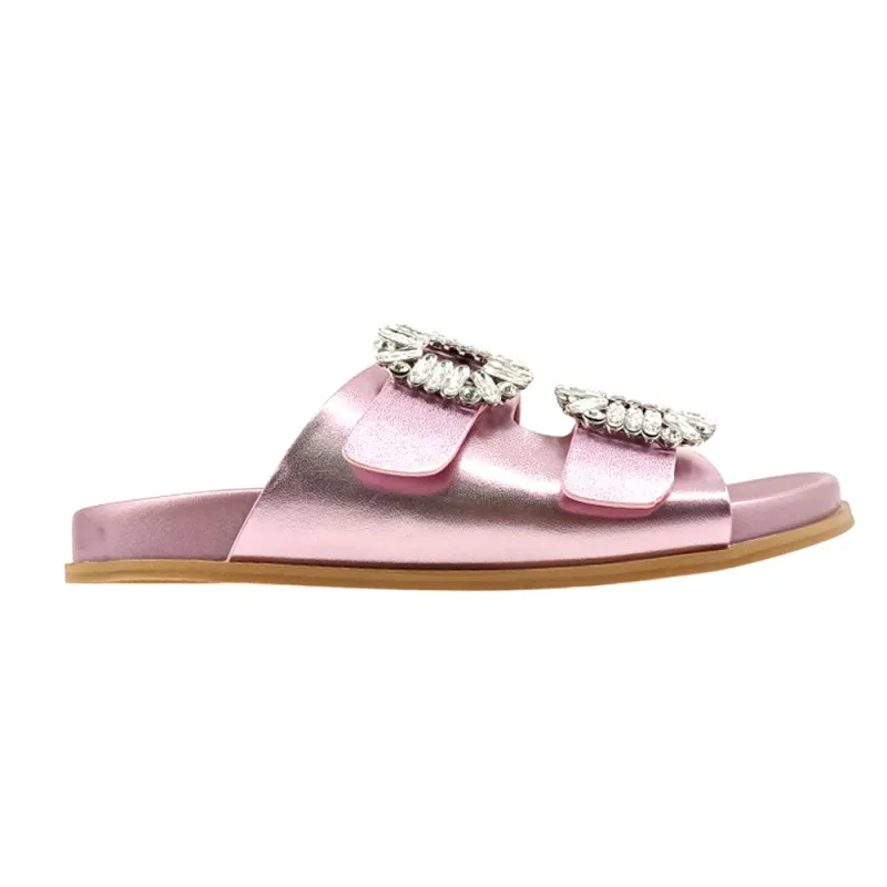 Bridget Metallic Rhinestone Slide Sandals sold by Shoebacca