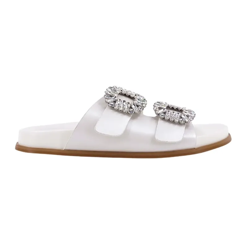 Bridget Rhinestone Metallic Slide Sandals sold by Shoebacca