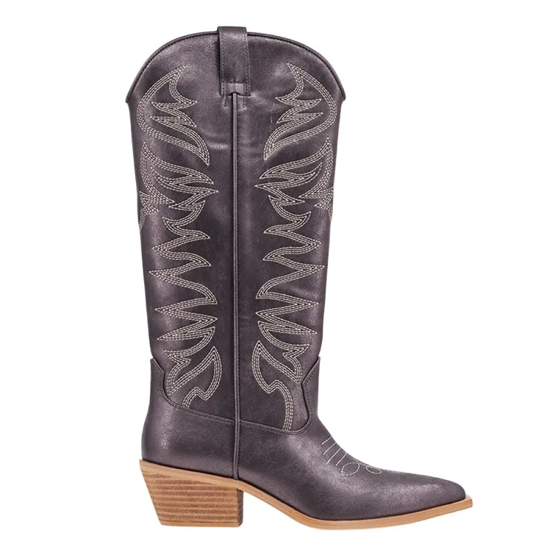 Zerena Embroidered Metallic Pointed Toe Pull On Cowboy Boots sold by Shoebacca