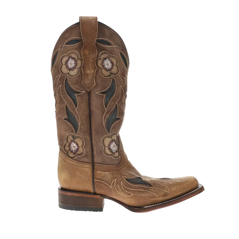 Sand Flower Inlay Embroidered Square Toe Pull On Cowboy Boots sold by Shoebacca