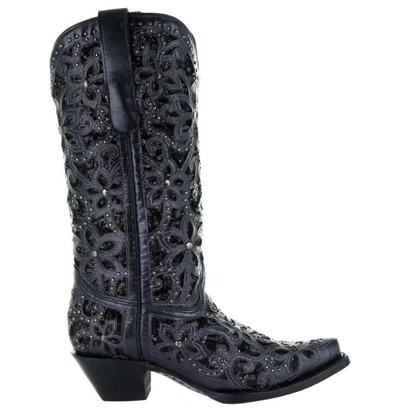 Floral Studded Rhinestones Sequins Tooled Inlay Snip Toe Cowboy Boots made by Shoebacca