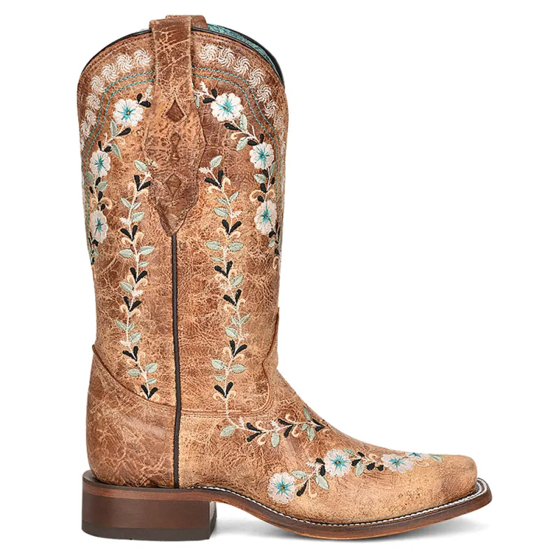 Distressed Glow In The Dark Floral Embroidered Square Toe Cowboy Boots sold by Shoebacca