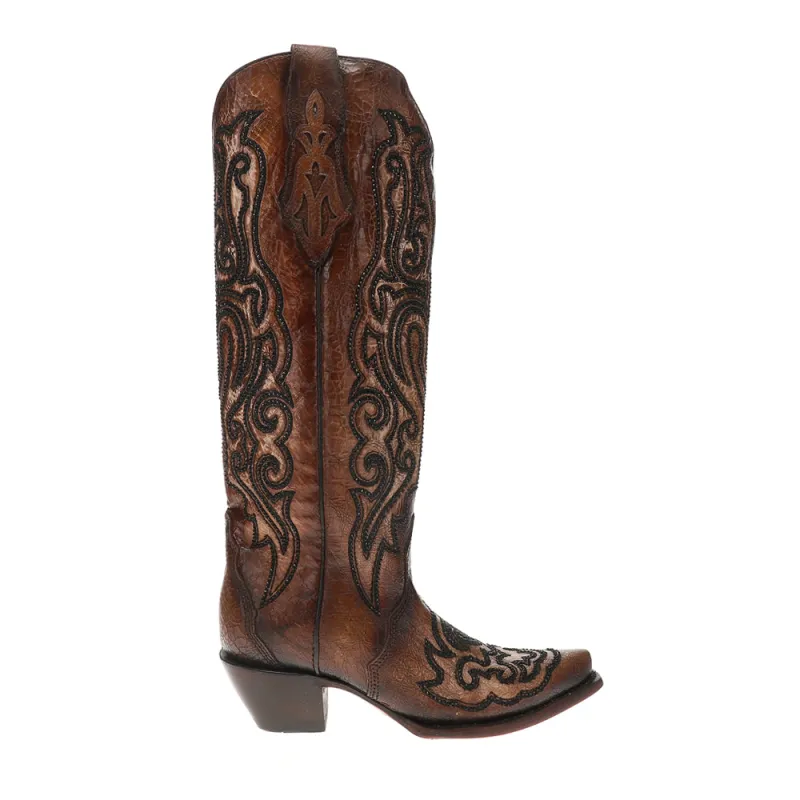 Tobacco Crackled Crystal Rhinestone Embroidered Snip Toe Pull On Cowboy Boots made by Shoebacca