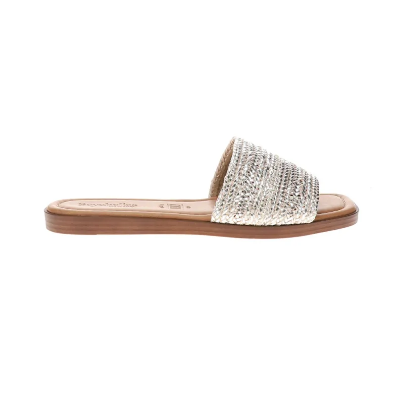 Palms Perfection Metallic Slide Flat Sandals sold by Shoebacca